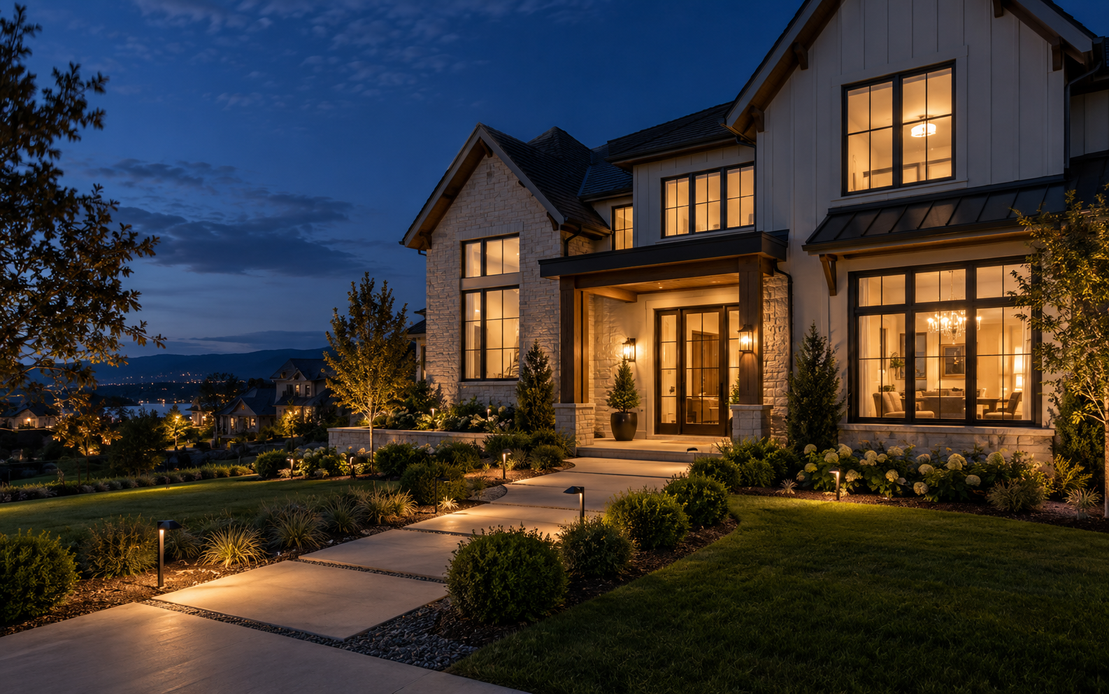 Modern home illuminated at blue hour